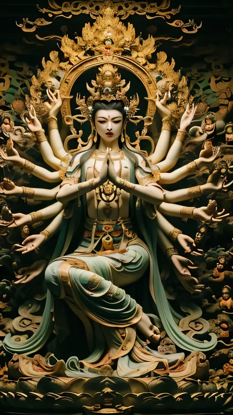 masterpiece,Best quality at best,UHD,8k wallpaper,actual,masterious,(realisticlying:1.4),1 Giant Girl,full bodyesbian, a golden statue of Thousand Hands Guan yin , Multiple hands holding some holly chinese weapons, ancient style, Eau,wave,, beautiful face ...