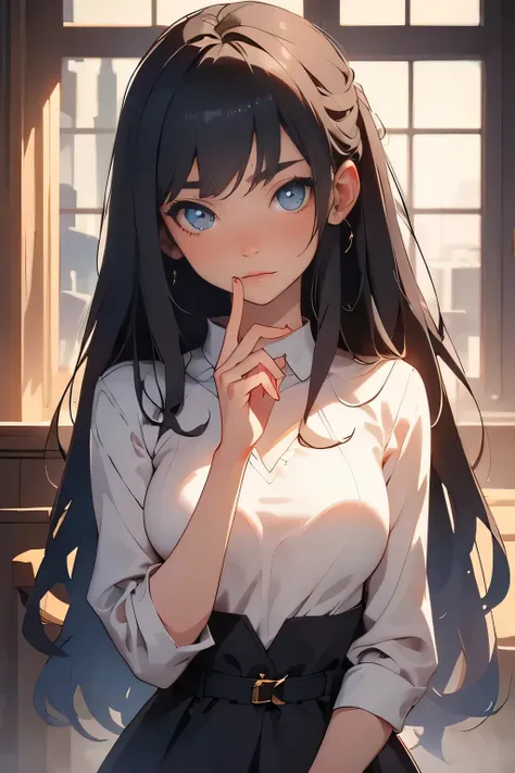 A semi-realistic anime-style digital illustration. A young woman stands close to the viewer, her eyes holding a depth that speaks volumes—warmth, longing, and quiet strength. She slightly bites her lower lip, hesitating as if holding back words she’s afrai...