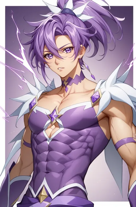 score 9 、score 8 up、score 7 up、source anime、masterpiece、Best Quality、high resolution、anime coloring、1boy、cure sword、(male:1.5)、close-up of a boy cartoon character with purple hair、high short ponytail hair、spade shape hair ornament、solo、portrait of Magic Bo...
