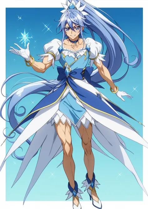 score 9 、score 8 up、score 7 up、source anime、masterpiece、Best Quality、high resolution、anime coloring、1boy、cure diamond、(male:1.5)、Close up of a blue-haired boy cartoon character、high long ponytail hair、dia shape hair ornament、solo、portrait of Magic Boy、Boy ...