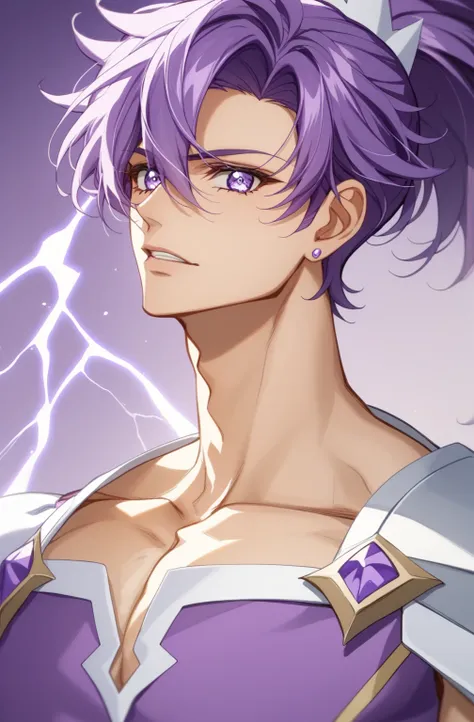 score 9 、score 8 up、score 7 up、source anime、masterpiece、of the best quality、high definition、anime coloring、1boy、cure sword outfit、close-up of a boy cartoon character with purple hair、high short ponytail hair、spade shape hair ornament、solo、portrait of Magic...