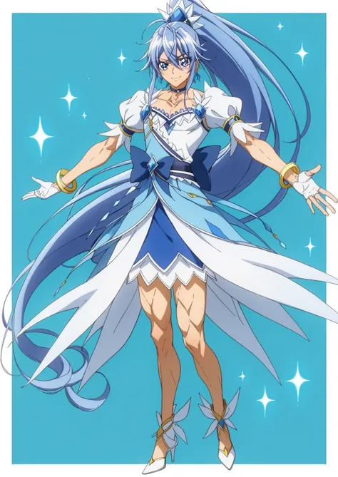score 9 、score 8 up、score 7 up、source anime、masterpiece、Best Quality、high resolution、anime coloring、1boy、cure diamond、(male:1.5)、Close up of a blue-haired boy cartoon character、high long ponytail hair、dia shape hair ornament、solo、portrait of Magic Boy、Boy ...