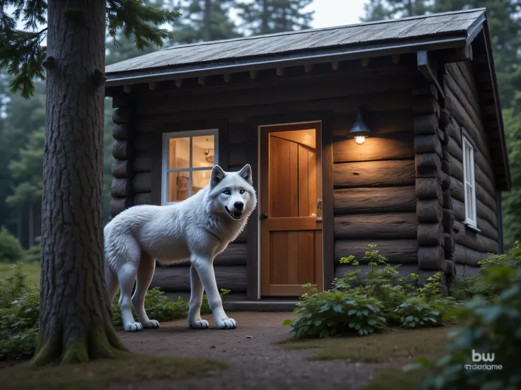 (Masterpiece), high quality, 8K Ultra HD, photo realistic, a grey wolf is knocking on the door of grandmas wood cabin, the cabin is surrounded by dense forest, perfect cinematic lightning, 
