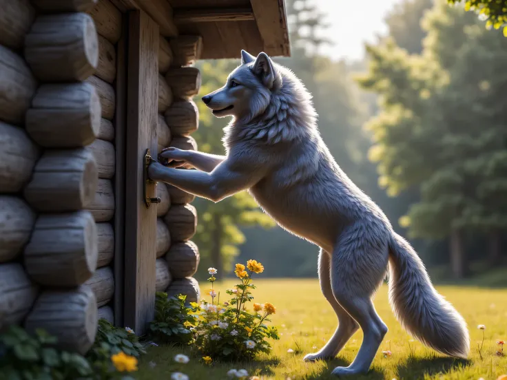  (masterpiece), best quality, 1wolf,  realistic, highly detailed, shallow depth of field, sharp focus, hyperrealism, cinematic lighting, photorealistic style, 8k solution, the gray wolf stands on its hind legs and knocks on the door of grandmas old log hou...