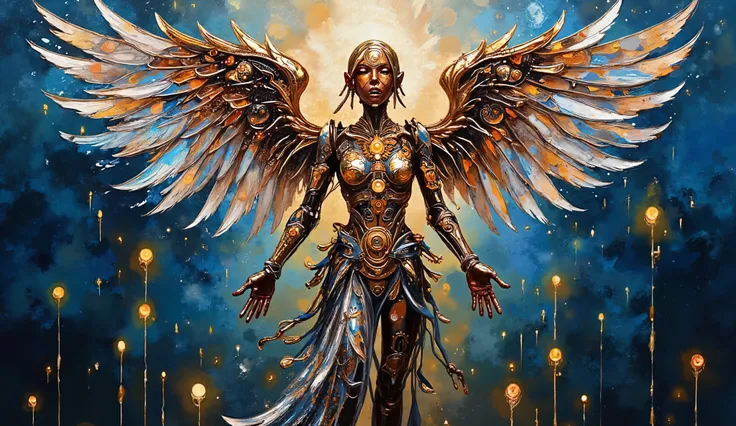 A mechanical angel descends from the heavens, its wings shimmering with iridescent light and intricate mechanical details. The angel wears a gown of interlocking gears and wires, adorned with glowing neon accents. The background features a blend of deep bl...
