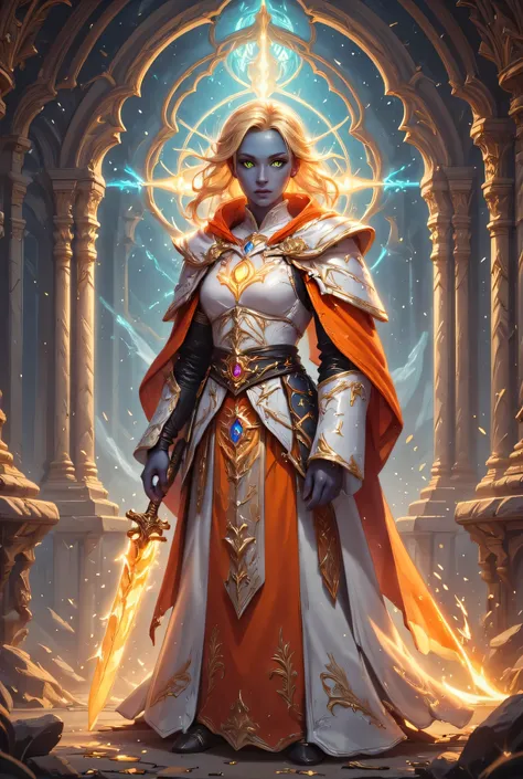 full body picture of a female cleric ((dark blue skin: 1.5)), intense details facial details, exquisite beauty, cleric, (dark blue skin: 1.5)) female, ((yellow hair: 1.5)), long hair, (((no ears: 1.5))), (green eyes: 1.3), armed with a fiery sword red fire...