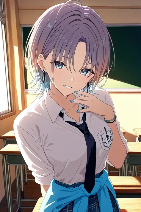 asakura_toru, blue hair,gradient hair, multicolored hair, parted bangs, purple hair, medium breasts,blue_skirt, blue_sweater,black_necktie, blue_eyes, blue_nails,absurdres,bracelet,collared_shirt,commentary,earrings,miniskirt, nail_polish, plaid_skirt, ple...