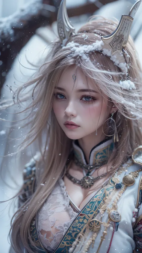 (32K, BEST QUALITY, masterpiece, photorealistic, Ultra High Resolution), ((winter, Powder Snow, large dead tree)), blur background, perfect and detailed skin and face textures:1.3, perfect dynamic composition:1.3, (Battlefield Nights in the Warring States ...