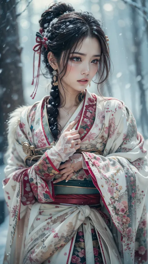 (32K, BEST QUALITY, masterpiece, photorealistic, Ultra High Resolution), ((winter, Powder Snow, large dead tree)), blur background, perfect and detailed skin and face textures:1.3, perfect dynamic composition:1.3, (Battlefield Nights in the Warring States ...