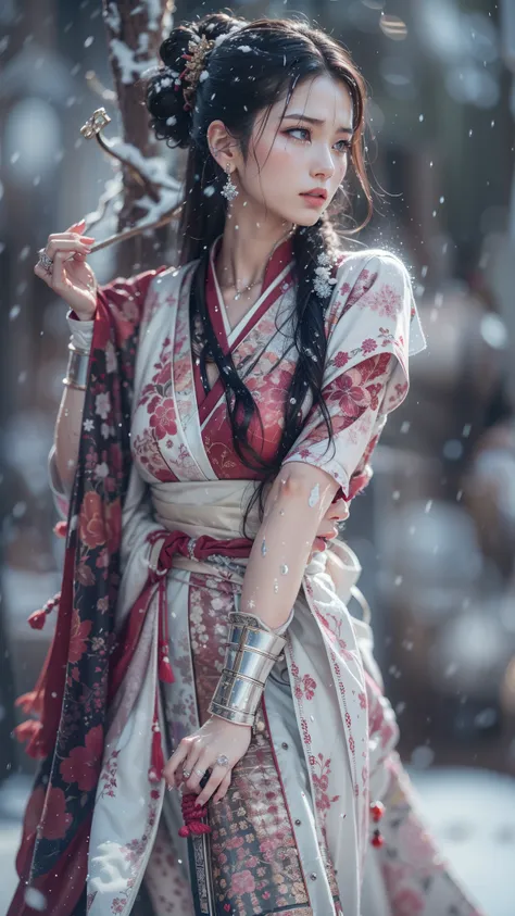 (32K, BEST QUALITY, masterpiece, photorealistic, Ultra High Resolution), ((winter, Powder Snow, large dead tree)), blur background, perfect and detailed skin and face textures:1.3, perfect dynamic composition:1.3, (Battlefield Nights in the Warring States ...