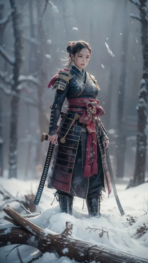 (32K, BEST QUALITY, masterpiece, photorealistic, Ultra High Resolution), ((winter, Powder Snow, large dead tree)), blur background, perfect and detailed skin and face textures:1.3, perfect dynamic composition:1.3, (Battlefield Nights in the Warring States ...