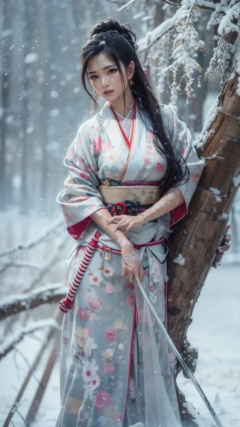 (32K, BEST QUALITY, masterpiece, photorealistic, Ultra High Resolution), ((winter, Powder Snow, large dead tree)), blur background, perfect and detailed skin and face textures:1.3, perfect dynamic composition:1.3, (Battlefield Nights in the Warring States ...