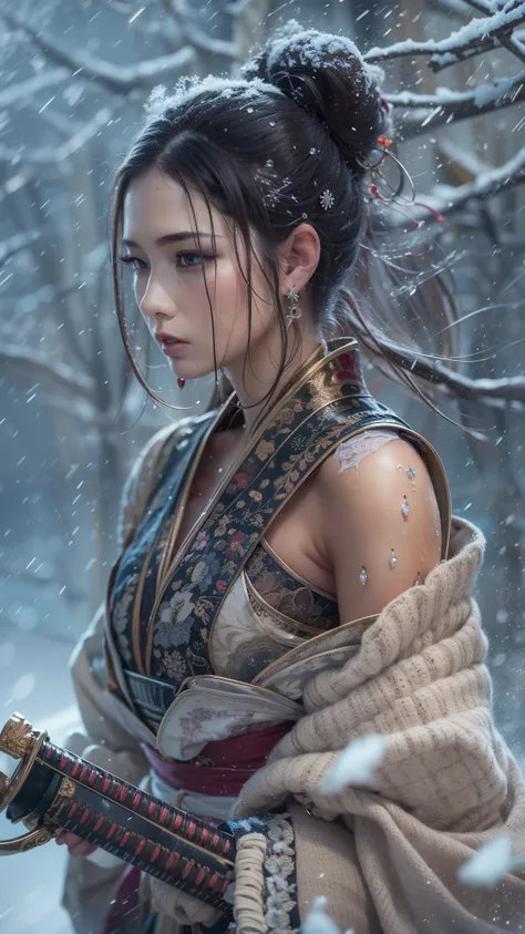 (32K, BEST QUALITY, masterpiece, photorealistic, Ultra High Resolution), ((winter, Powder Snow, large dead tree)), blur background, perfect and detailed skin and face textures:1.3, perfect dynamic composition:1.3, (Battlefield Nights in the Warring States ...