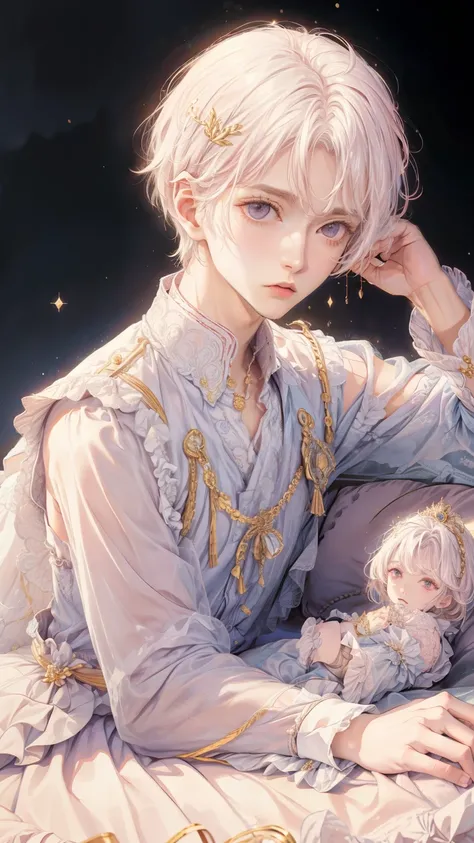 A young male character with a small and slender male body. He has clearly masculine features with a touch of soft elegance, but still unmistakably a boy. His skin is pale, his short white hair is slightly tousled, and he has gentle light pink eyes. He is w...