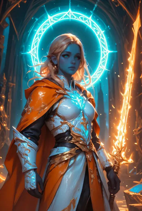 full body picture of a female cleric ((dark blue skin: 1.5)), intense details facial details, exquisite beauty, cleric, (dark blue skin: 1.5)) female, ((yellow hair: 1.5)), long hair, (((no ears: 1.5))), (green eyes: 1.3), armed with a fiery sword red fire...