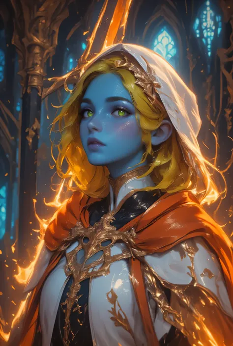 full body picture of a female cleric ((dark blue skin: 1.5)), intense details facial details, exquisite beauty, cleric, (dark blue skin: 1.5)) female, ((yellow hair: 1.5)), long hair, (((no ears: 1.5))), (green eyes: 1.3), armed with a fiery sword red fire...