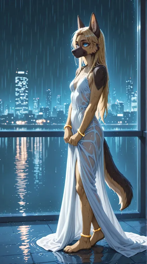 anthro, german shepherd, female, fur, light blue eyes, long hair, blonde hair, small breasts, golden bracelet, golden anklet, wet, wet hair, white transparent long dress, night time, city, rain