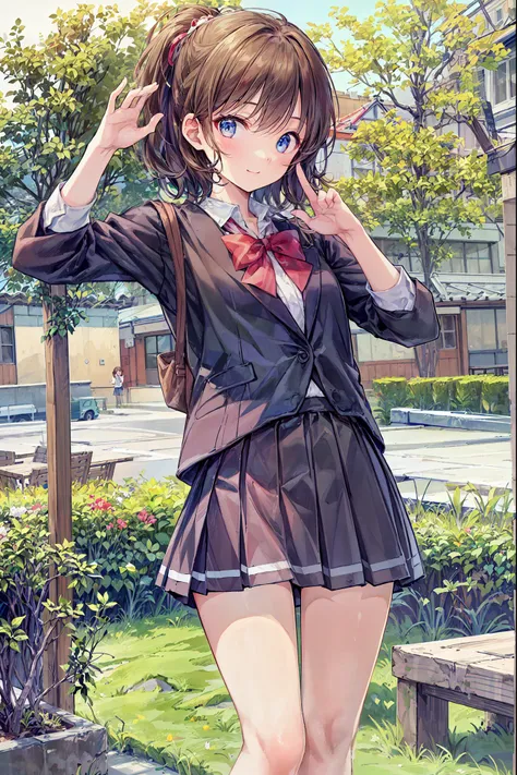 brown hair，shortcuts，messy hair，  slender beauty  ，hole々 Positive Attitude  ，Small box，Beautiful Legs， her enchanting grayish blue eyes shine like stars.，(masterpiece:2.0), (Best Quality:2.0), (super miniskirt, Super short,   girls' school uniform:1.5), (s...