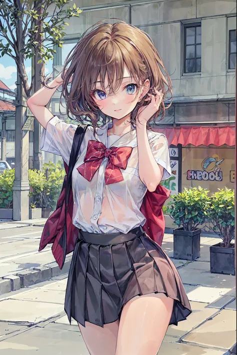 brown hair，shortcuts，messy hair，  slender beauty  ，hole々 Positive Attitude  ，Small box，Beautiful Legs， her enchanting grayish blue eyes shine like stars.，(masterpiece:2.0), (Best Quality:2.0), (super miniskirt, Super short,   girls' school uniform:1.5), (s...