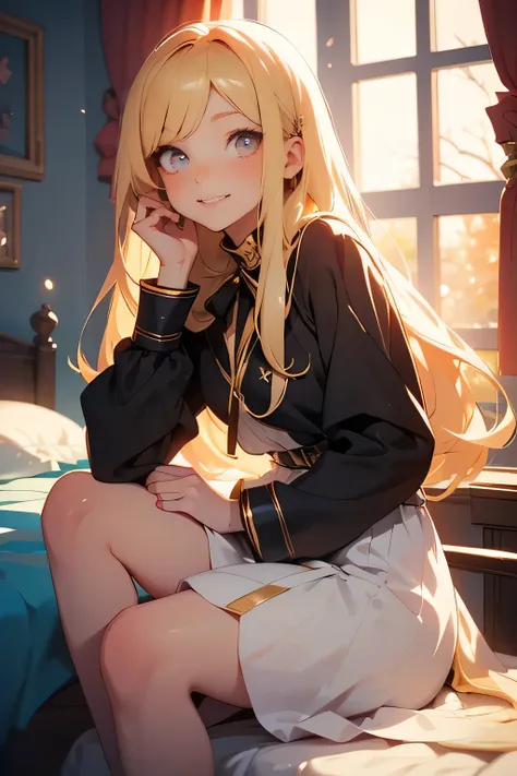 a magical girl with soft golden hair sitting on a glowing bed, enchanted sunset light flowing through a large arched window, dreamy atmosphere, floating particles in the air, wearing elegant modern fantasy clothes, radiant smile, ethereal lighting, soft gl...