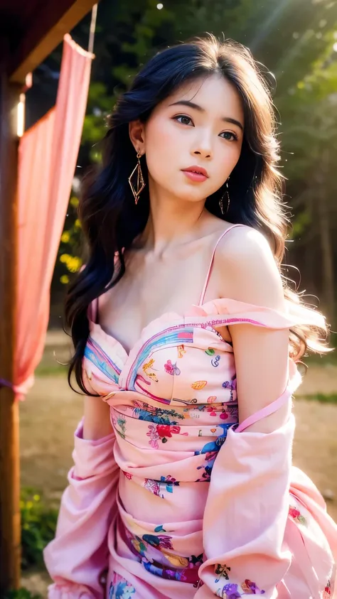 (best quality,4k,8k,highres,masterpiece:1.2),ultra-detailed,(realistic,photorealistic,photo-realistic:1.37),Gypsy dress,small breasts,beautiful detailed eyes,beautiful detailed lips,extremely detailed eyes and face,long eyelashes,wavy hair flowing,undulati...