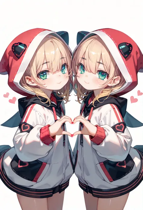 Chibi character style, 2 girl, twins, looking at viewer, symmetry, (heart hands:1.3), simple background, hood up, hood over eyes