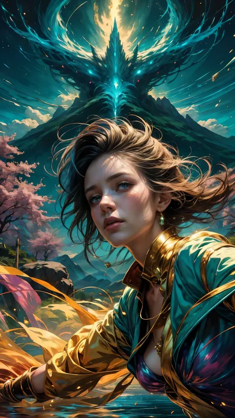 beautiful woman in silya room, Anime Style. Walk through a vibrant wonderland. A playful scene depicted in a digital painting, Woman with rainbow colored mane and sparkles, golden horn . Every tree and mountain in the landscape is meticulously drawn, crea...