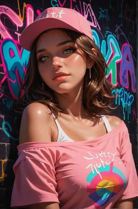 score_9, score_8_up, score_7_up, cartoon of a girl, solo, sexy, slutty, brown skin, hazel green eyes, brown hair, straight hair, pink cap, pink off-shoulder shirt, neon lighting, neon light reflections on skin, neon graffiti, colorful graffiti, dark, black...
