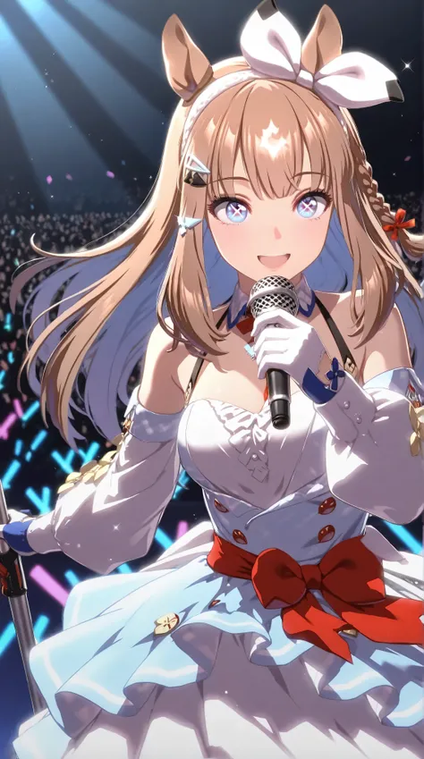 {{unreal engine 5, 100-layer, hyper-detailed, high resolution, beautiful detailed eyes, 4k, 8k, 16k, stunning, sharp, smooth, realistic, intricate, overall detail}}, （1girls）,Almond Eye from Uma Musume, on a concert stage, blue and white frilly idol costum...