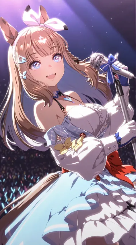 {{unreal engine 5, 100-layer, hyper-detailed, high resolution, beautiful detailed eyes, 4k, 8k, 16k, stunning, sharp, smooth, realistic, intricate, overall detail}}, （1girls）,Almond Eye from Uma Musume, on a concert stage, blue and white frilly idol costum...