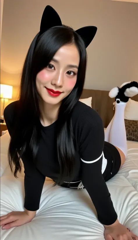 a woman, sleep on your stomach on a mattress, shirt looks full body, wearing a black long-sleeved waitress uniform with a white long apron, long skirt in black , using long stockings up to the waist in white, big , thick red lips, seductive smiley face, s...