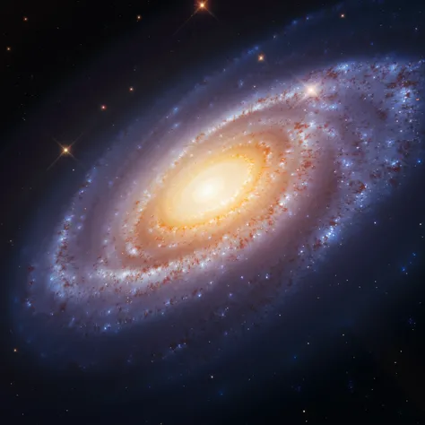 A breathtaking, photorealistic image of a majestic spiral galaxy viewed from a 45-degree angle, revealing its sweeping, curved arms stretching across space in luminous waves of starlight, gas, and interstellar dust. The galaxy glows with rich hues of deep ...