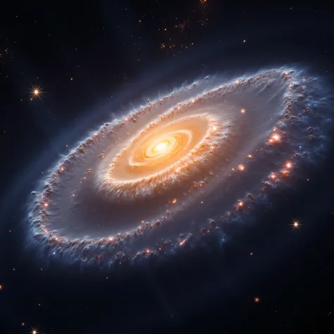 A breathtaking, photorealistic image of a majestic spiral galaxy viewed from a 45-degree angle, revealing its sweeping, curved arms stretching across space in luminous waves of starlight, gas, and interstellar dust. The galaxy glows with rich hues of deep ...