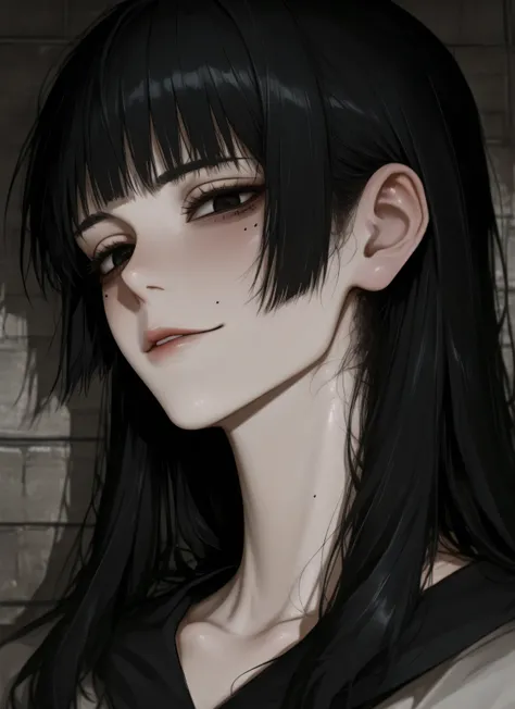 Red (almost black) eyes, long black hair, height 180, slightly narrow gaze, thin lips, ((jutsu kaisen style)), mole near the left side of the lip and near the left side of the cheek.