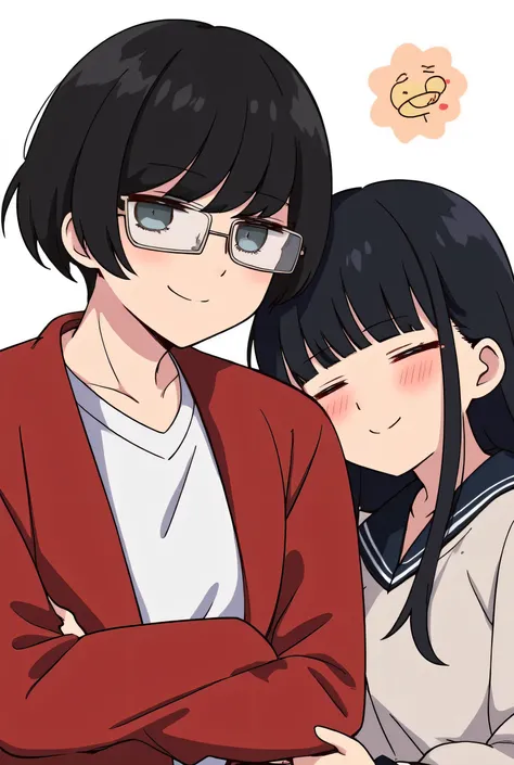 young man with rectangular glasses, black bowlcut hair with full micro bangs that doesn't reach their eyebrows, posing to the camera with a smirk wearing a red jacket and white shirt underneath and a girl with long black hair with their head resting on his...