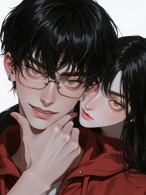 young man with rectangular glasses, black bowlcut hair with full micro bangs that don't reach their eyebrows, posing to the camera with a smirk, wearing a red hoodie and white shirt underneath, and a girl with long black hair with their head resting on his...