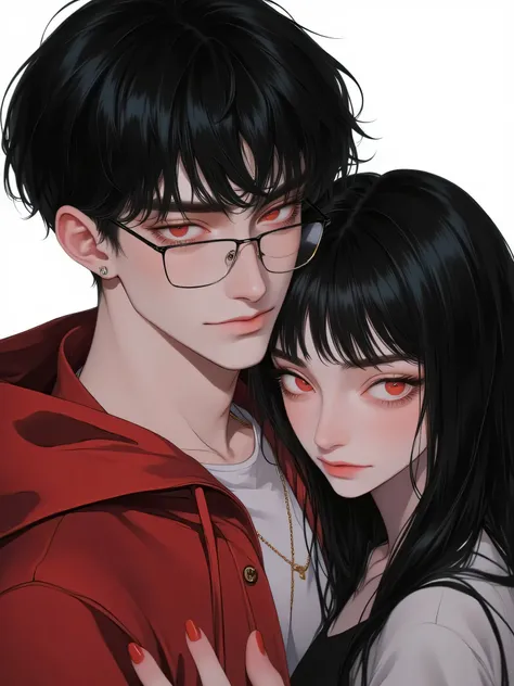 young man with rectangular glasses, black bowl-cut hair with full micro bangs that don't reach their eyebrows, posing to the camera with a smirk, wearing a red hoodie and white shirt underneath, and a girl with long black hair and curtain bangs with their ...