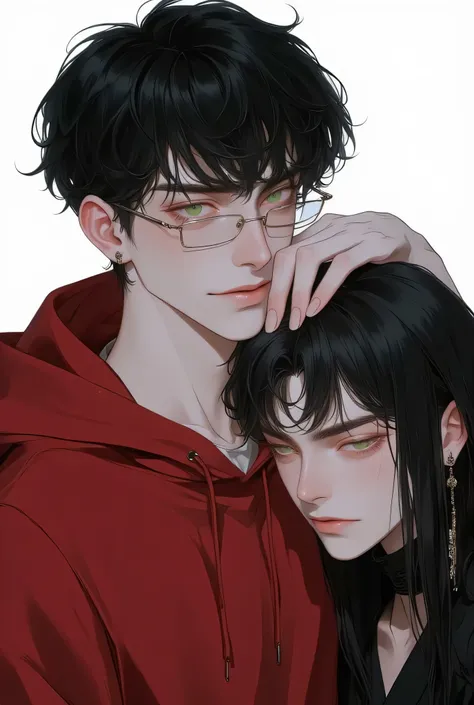 young man with rectangular glasses, black bowlcut hair with full micro bangs that don't reach their eyebrows, posing to the camera with a smirk, wearing a red hoodie and white shirt underneath, and a girl with long black hair and curtain bangs with their h...