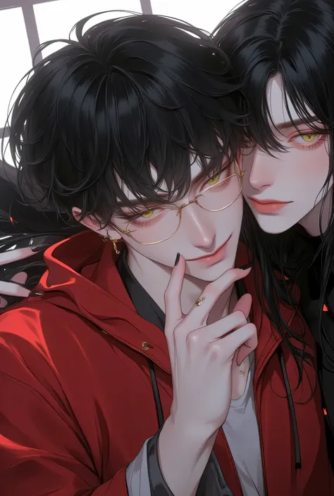young man with rectangular glasses, black bowlcut hair with full micro bangs that don't reach their eyebrows, posing to the camera with a smirk, wearing a red hoodie and white shirt underneath, and a girl with long black hair and curtain bangs with their h...