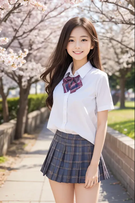 masterpiece,Best Quality,Super Detail,8K,full body,Walking along the riverside sidewalk,Lots of cherry blossom trees on both sides of the sidewalk,Cherry blossom petals dancing landscape photo,cute student girl,Black Hair Semi-long Hair,Beautifully flowing...