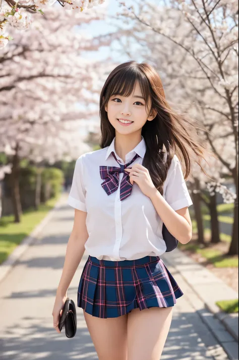 masterpiece,Best Quality,Super Detail,8K,full body,Walking along the riverside sidewalk,Lots of cherry blossom trees on both sides of the sidewalk,Cherry blossom petals dancing landscape photo,cute student girl,Black Hair Semi-long Hair,Beautifully flowing...