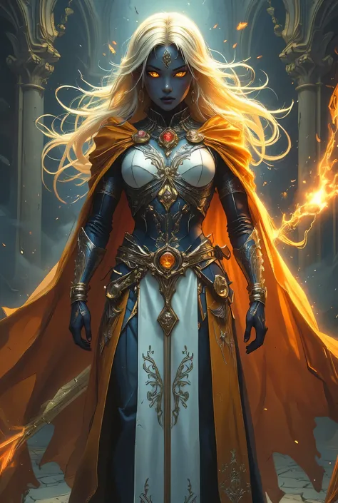 full body picture of a female cleric ((dark blue skin: 1.5)), intense details facial details, exquisite beauty, cleric, (dark blue skin: 1.5)) female, ((yellow hair: 1.5)), long hair, (((no ears: 1.5))), (green eyes: 1.3), armed with a fiery sword red fire...