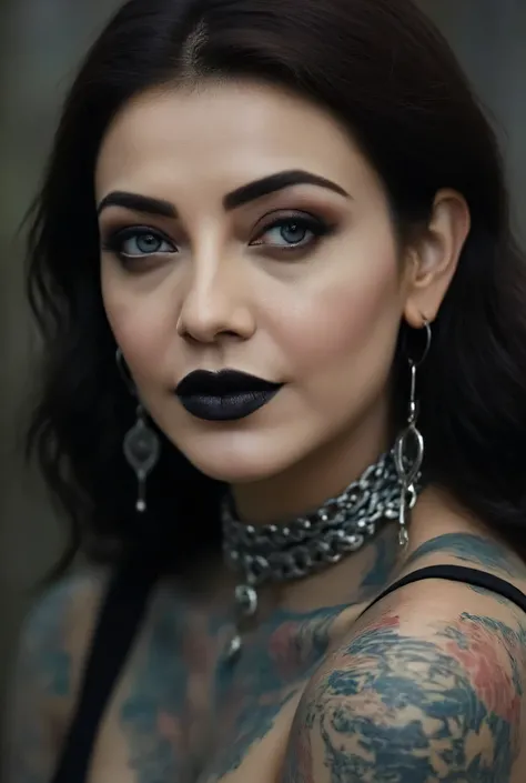 Hyper realistic photo perfect goth vampire, sexy seductive facial features, tattooed face, smooth snow white skin, thin curved black eyebrows. Black eyeliner, dark black eye shadow, Florence neon blue eyes, crazy eyes, thick black lipstick, curved lips,, e...