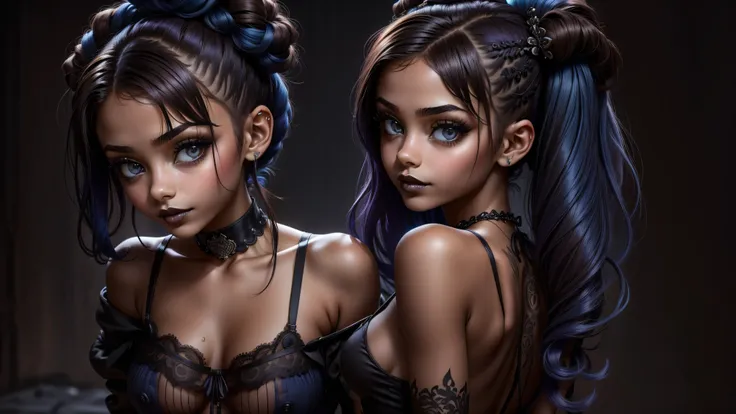 ((1 girl, solo)), ((one goth girl standing with her back toward you)), prostitute, nude except for an see-through baby-doll lingerie posing for a picture, ((dark makeup, black lips)), ((light brown nipples)), sydney sweeney, dark tan, smiling, skinny, peti...