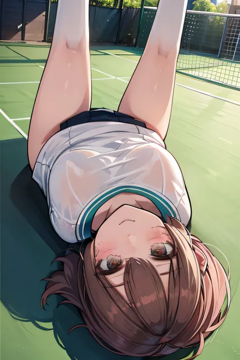 upside down, girl, solo, white and red tennis uniform, brown eyes, short hair, high ponytail, Embarrassing, nose blush, outdoor, tennis court, masterpiece, high quality, 最high quality, beautiful, high resolution, perfect lighting, Detailed Faces, detailed ...