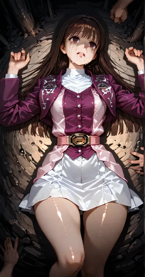 (高精細CG), (Best Quality),((view from directly above)), ((Being raped by men)),((in a dark cave)),((Composition showing the top from the waist)),((1girl)),perfect face, shiny skin , wide hips, thin waist, purple bolero jacket,long sleeve, (((white skirt))),...