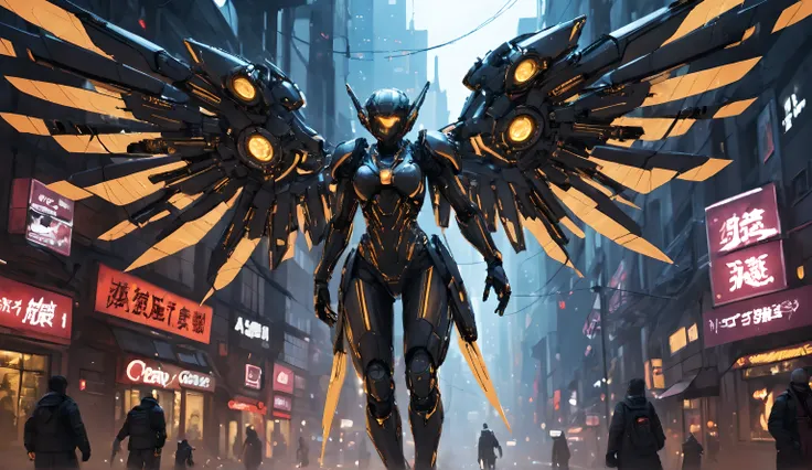 Anime drawn image, intricate, detailed, ornate, fantasy, machinery, neon, cyborg, mechanical parts, mechanical limbs, mechanical wings, cybernetic augmentations, probes, cables, wires, suspended in the air, ray tracing, 16k, UHD, cinematic, masterpiece, aw...