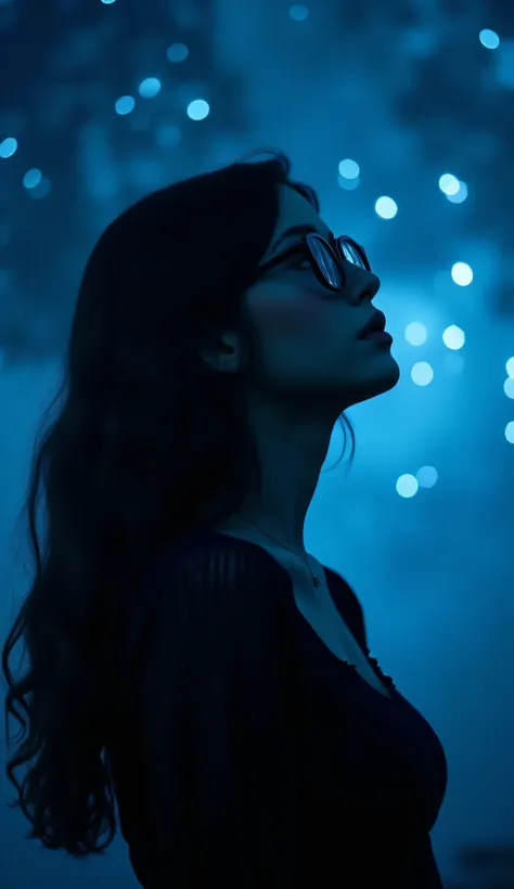 A full body dramatic artistic side shot of a young beautiful woman with dark wavy hairstyle, wearing thick black rimmed rectangular glasses and looking up to the stars, wearing artistic clothes, cinematic shot, cinematic composition, thick mist, ((((deep d...