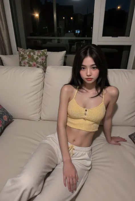Outdoor patio/veranda at the second floor, Cute and adorable Awkward weird pose, Amber autumn sunset, a young korean-Filipina tween girl, appears to be aged 14,medium perky breasts, weight 40kg, long hair, light skin, soft abs,good quality, yellow knitted ...