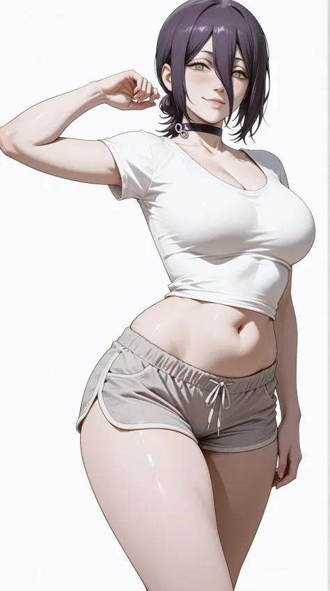 masterpiece, extremely detailed, intricate details, more details, many details, perfect skin texture, 8k, 8k resolution, solo, 1girl, adult,((fullbody)), stand up, reze (chainsaw man), sexy legs, perfect body, large breasts, white t-shirt, grey shorts, hou...